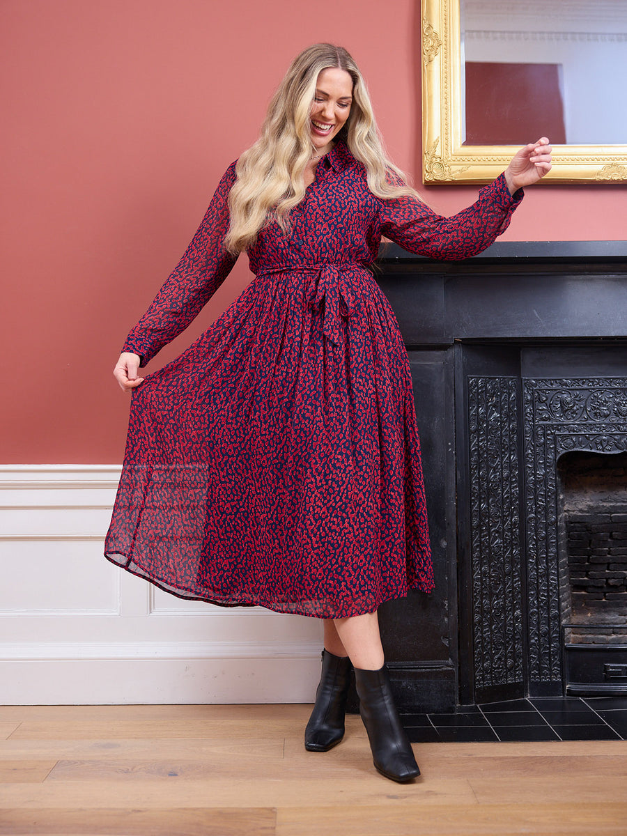 Julia Shirt Dress - Red & Navy Painted Spot Print
