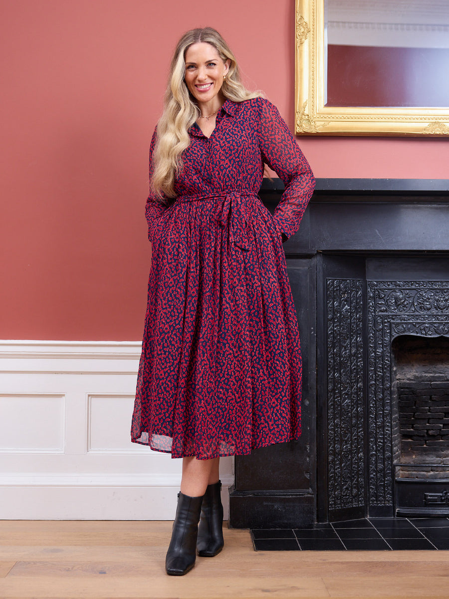 Julia Shirt Dress - Red & Navy Painted Spot Print