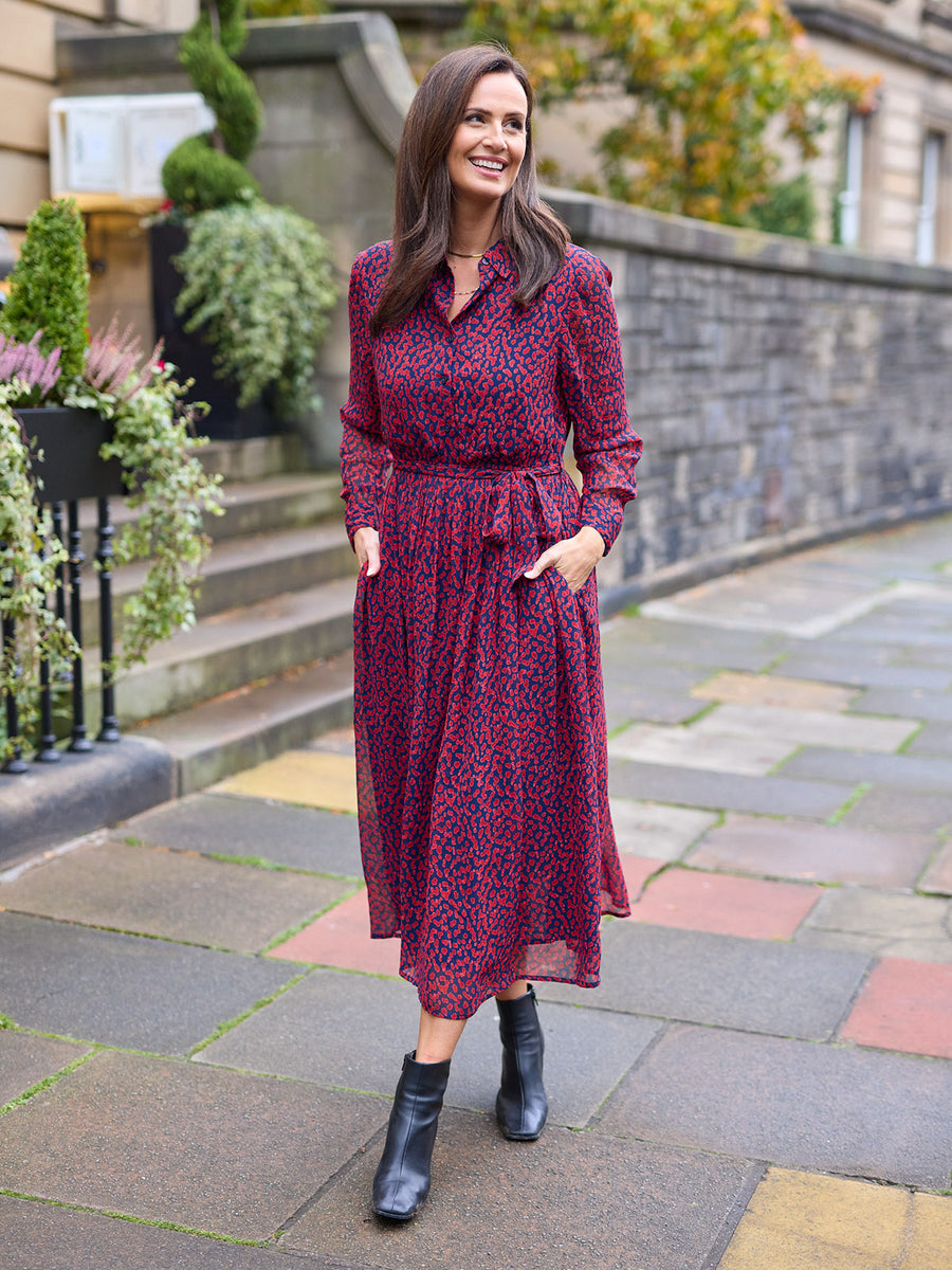Julia Shirt Dress - Red & Navy Painted Spot Print