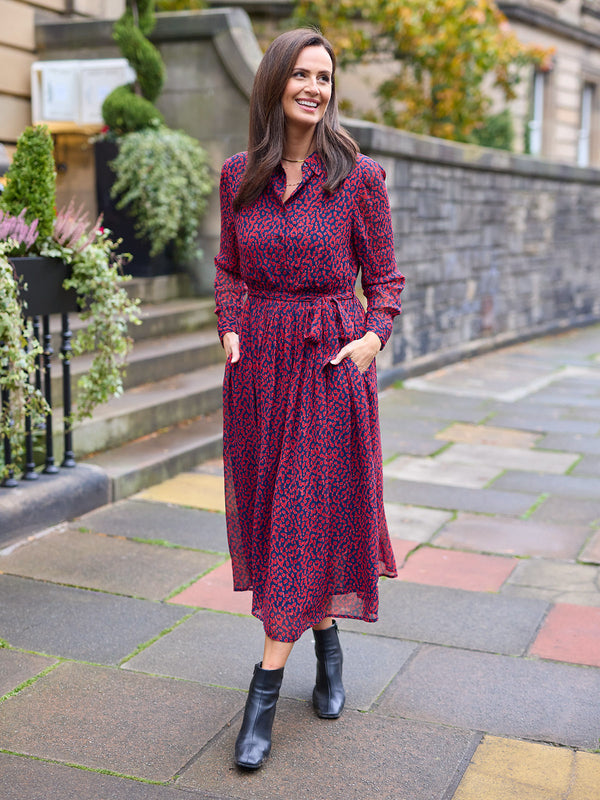 Julia Shirt Dress - Red & Navy Painted Spot Print