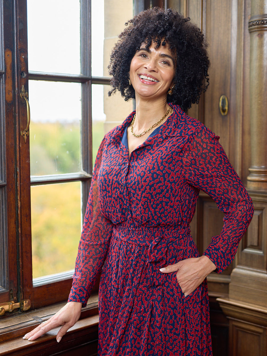 Julia Shirt Dress - Red & Navy Painted Spot Print