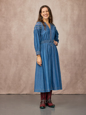 Dolly Embroidered Denim Dress - Blue
