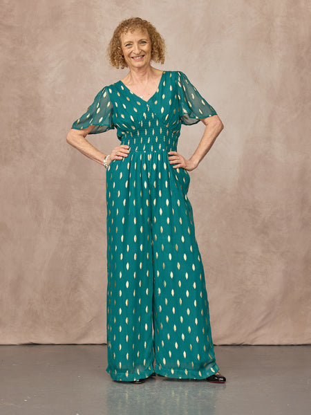 Shelly V-Neck Lurex Jumpsuit - Teal & Gold