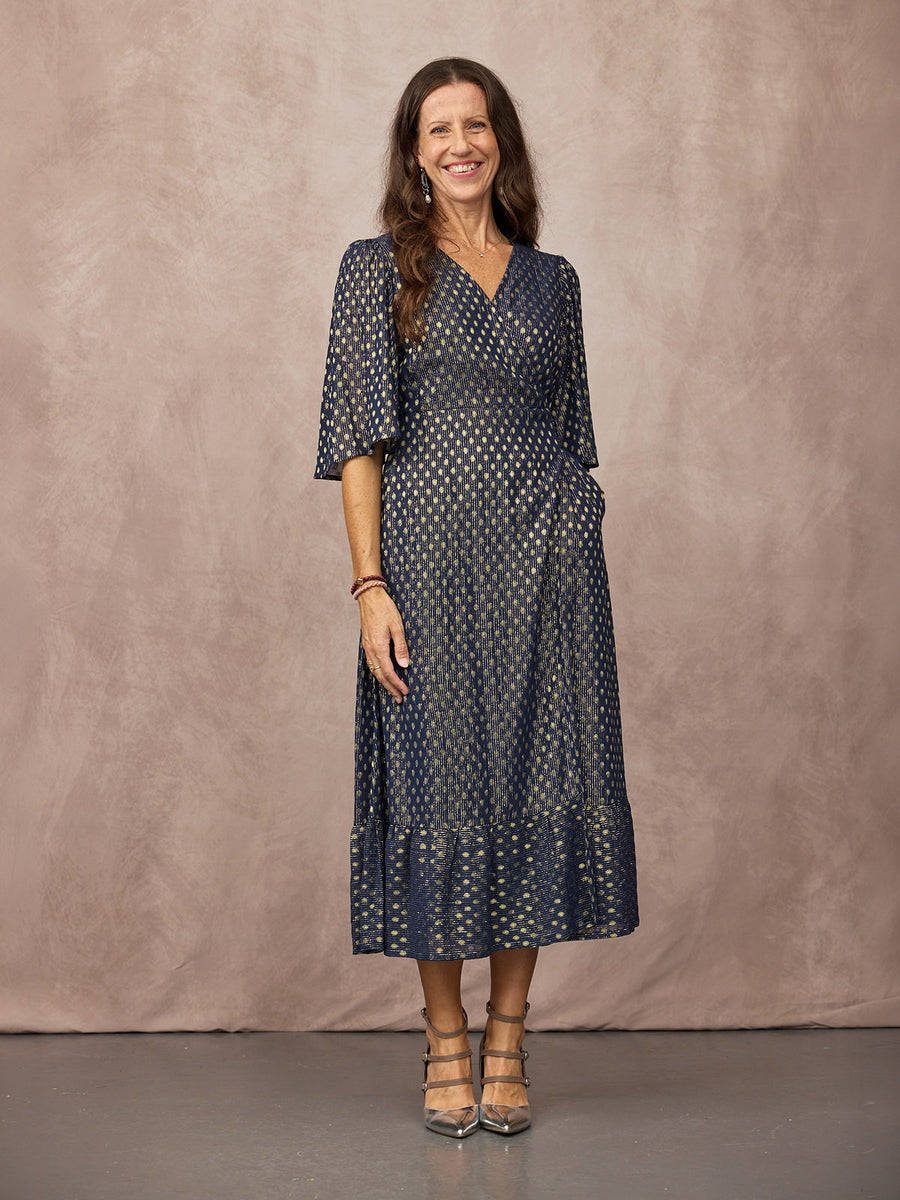 Tricia Wrap Lurex Dress - Navy, Silver & Gold