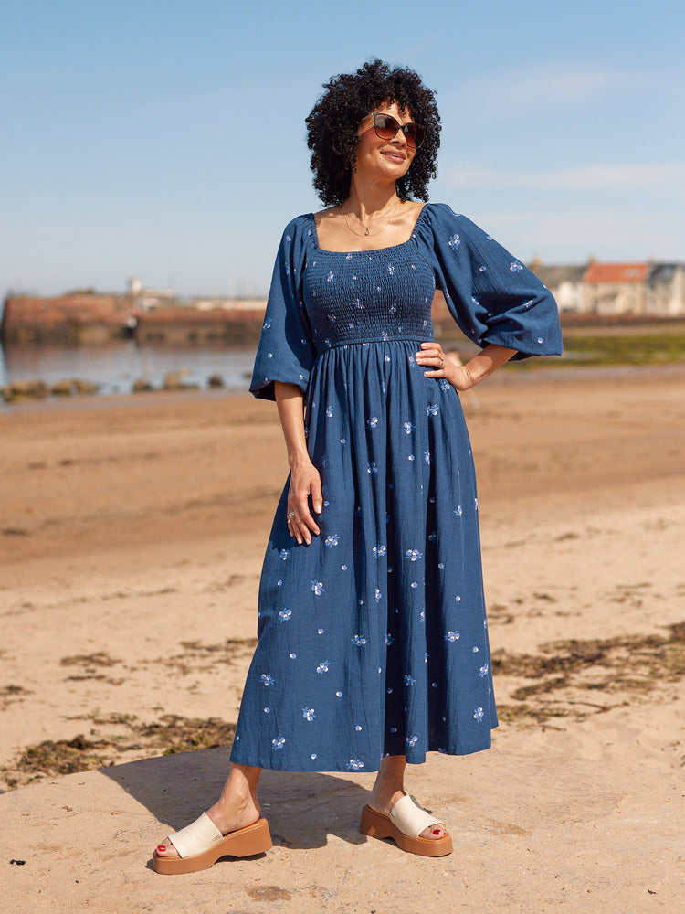 Sam Navy Print Shirred Dress