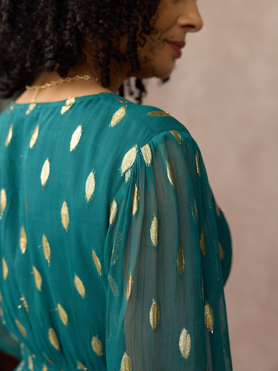 Loulou V-Neck Long Sleeve Lurex Dress - Teal & Gold