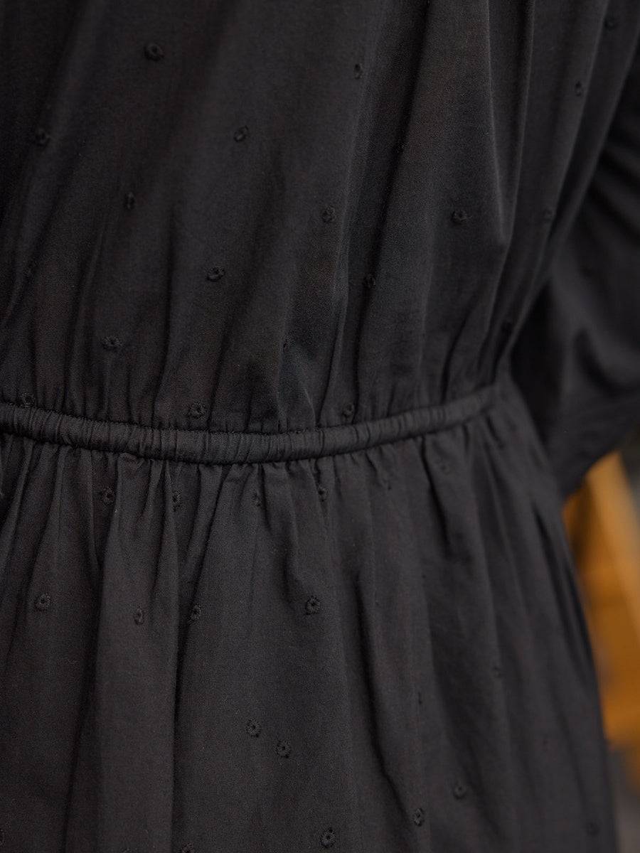 Ellen Long Sleeve Tie Waist Broderie Detail Dress - Black
