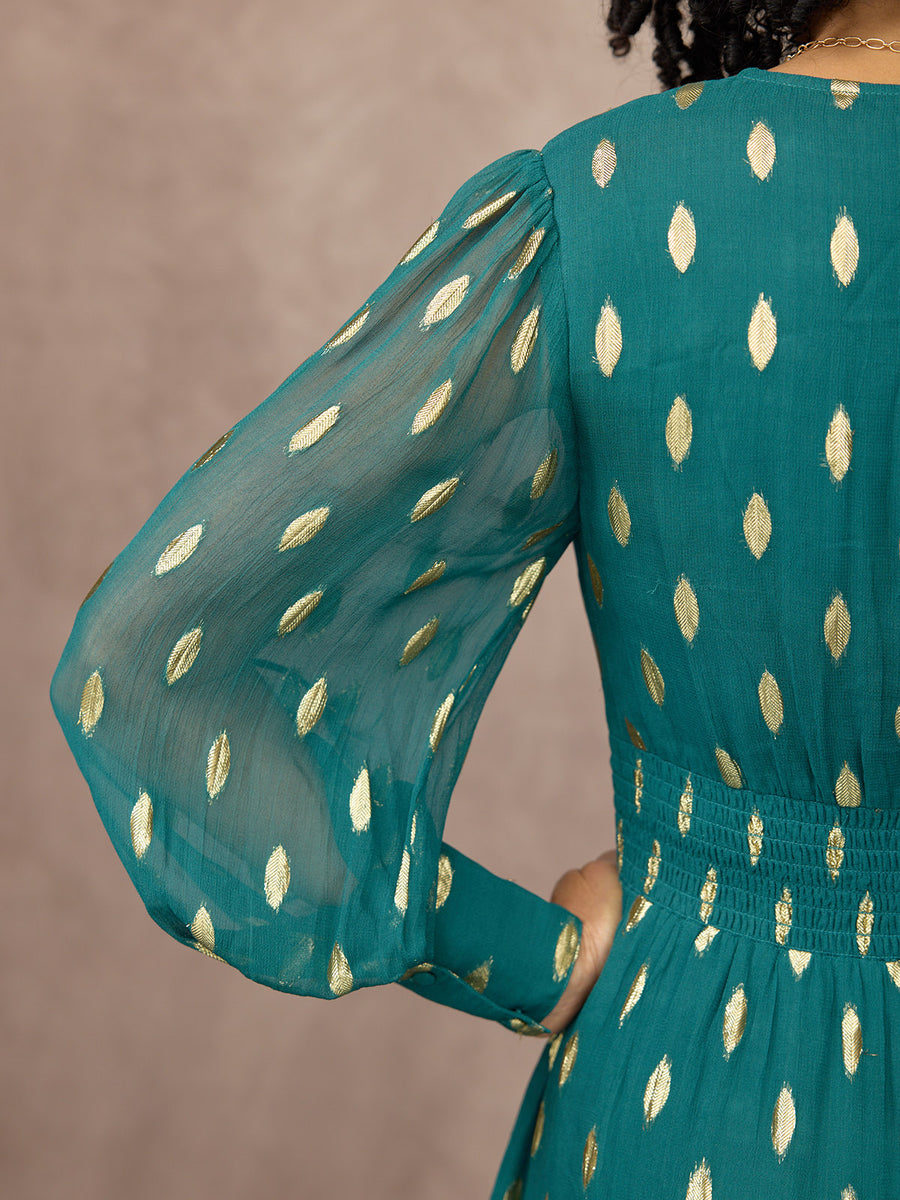 Loulou V-Neck Long Sleeve Lurex Dress - Teal & Gold