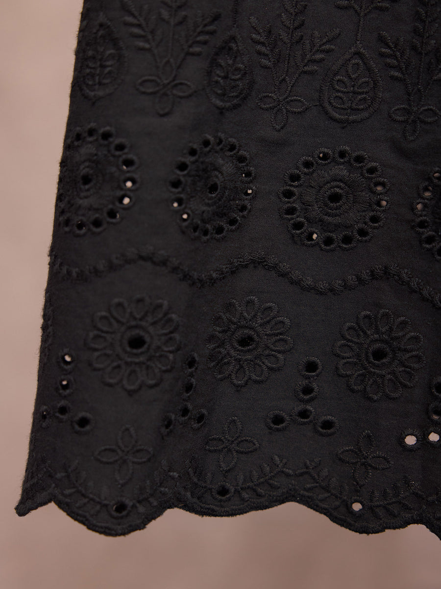 Ellen Long Sleeve Tie Waist Broderie Detail Dress - Black