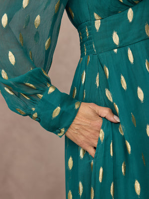 Loulou V-Neck Long Sleeve Lurex Dress - Teal & Gold