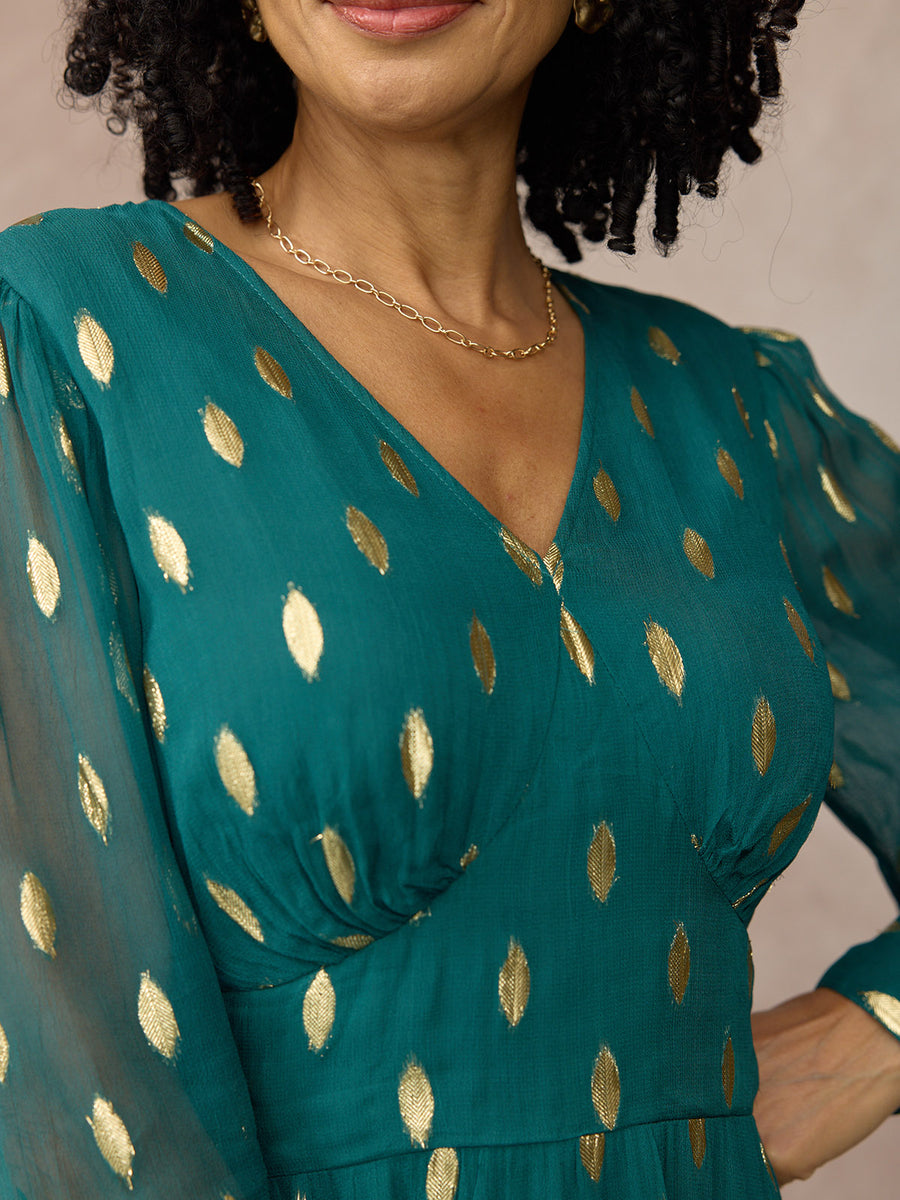 Loulou V-Neck Long Sleeve Lurex Dress - Teal & Gold