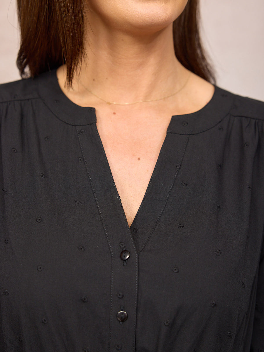 Ellen Long Sleeve Tie Waist Broderie Detail Dress - Black