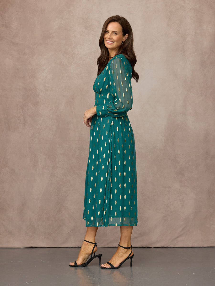Loulou V-Neck Long Sleeve Lurex Dress - Teal & Gold