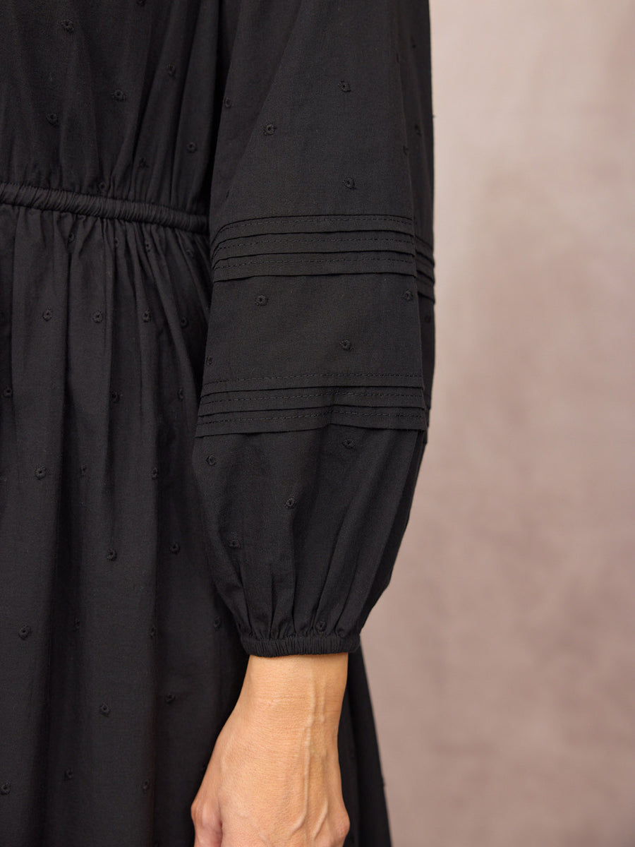 Ellen Long Sleeve Tie Waist Broderie Detail Dress - Black