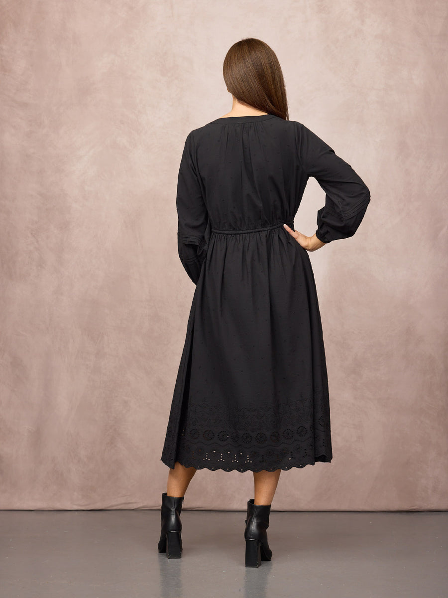 Ellen Long Sleeve Tie Waist Broderie Detail Dress - Black