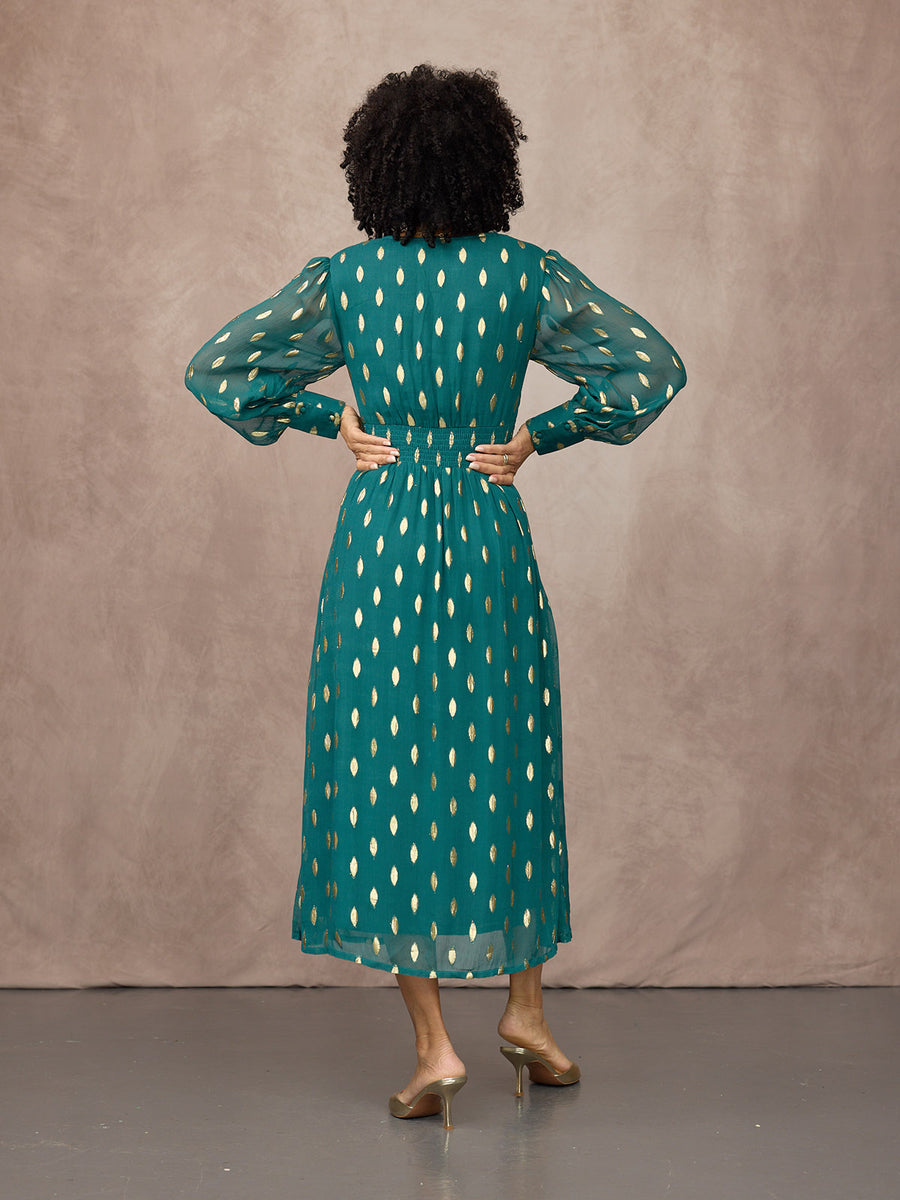 Loulou V-Neck Long Sleeve Lurex Dress - Teal & Gold