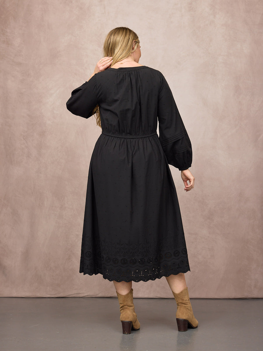 Ellen Long Sleeve Tie Waist Broderie Detail Dress - Black