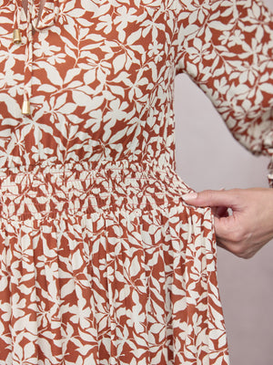 Vera Midi Dress - Terracotta & Ecru Floral Print