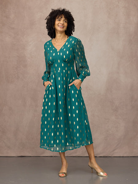 Loulou V-Neck Long Sleeve Lurex Dress - Teal & Gold