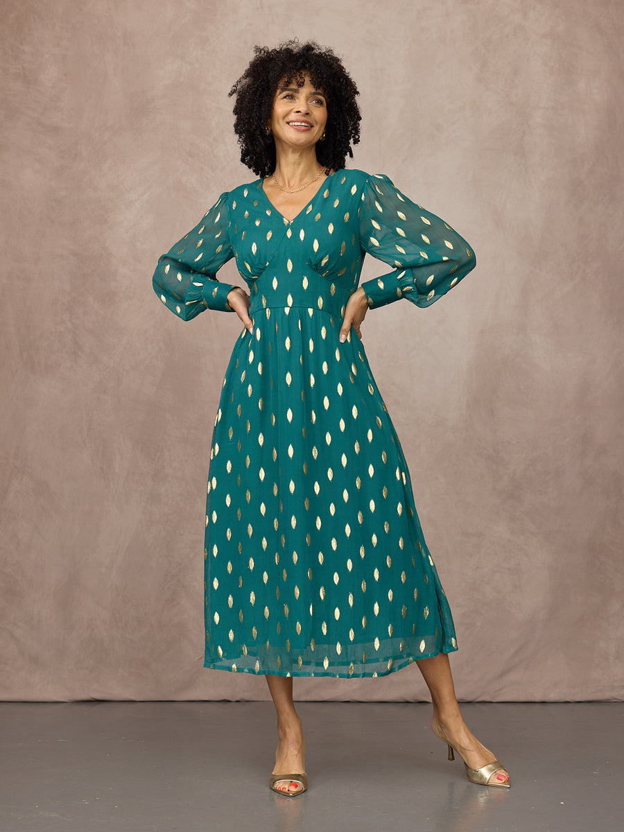 Loulou V-Neck Long Sleeve Lurex Dress - Teal & Gold