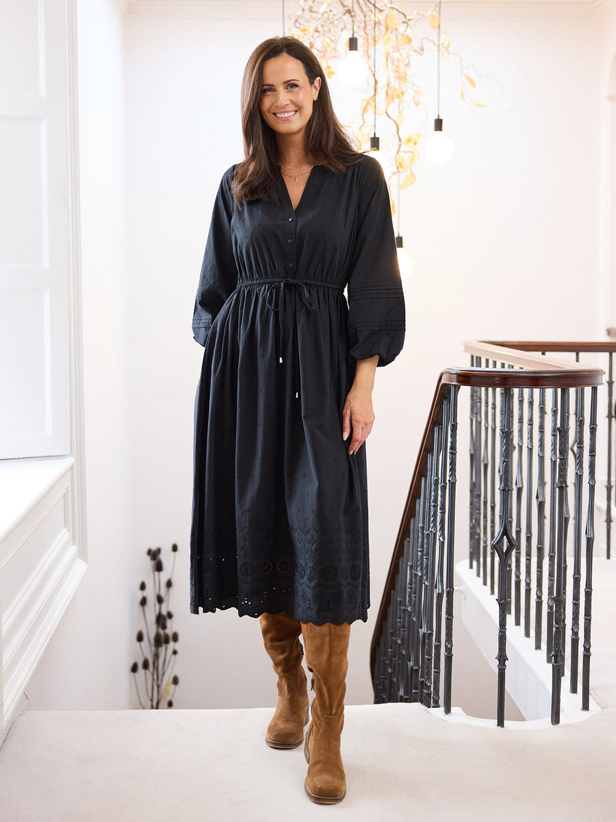 Ellen Long Sleeve Tie Waist Broderie Detail Dress - Black