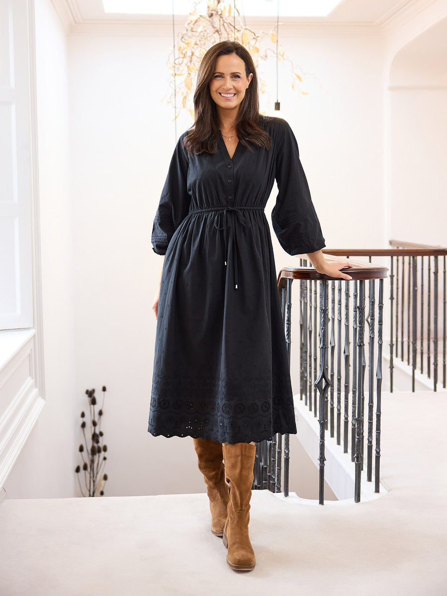Ellen Long Sleeve Tie Waist Broderie Detail Dress - Black