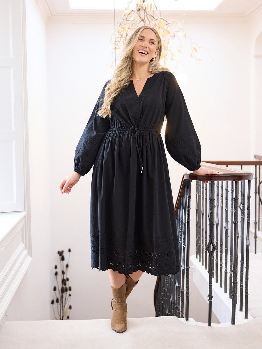 Ellen Long Sleeve Tie Waist Broderie Detail Dress - Black