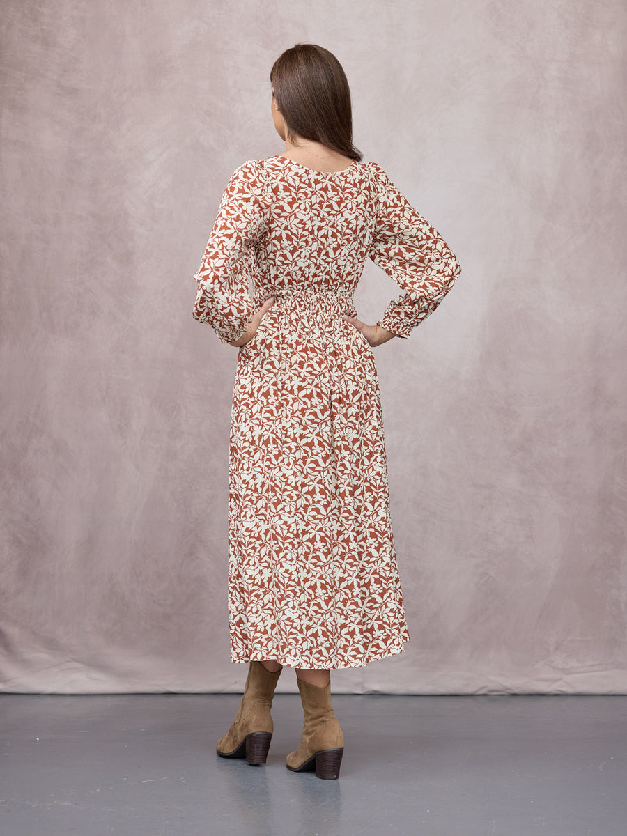 Vera Midi Dress - Terracotta & Ecru Floral Print