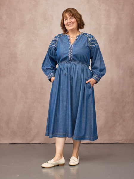 Dolly Embroidered Denim Dress - Blue