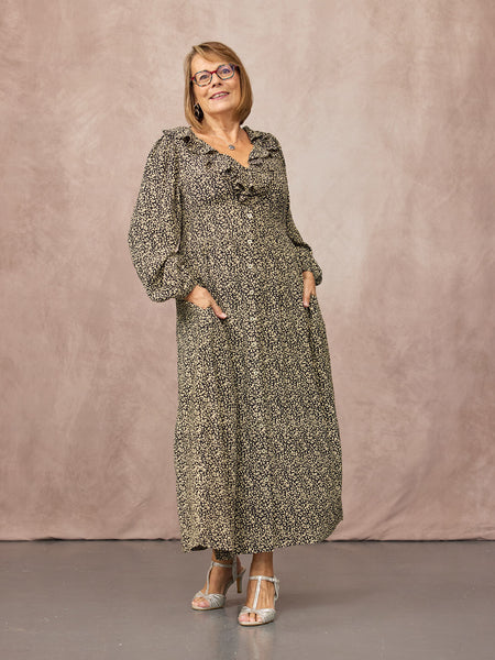 Emma Frill Neckline Long Sleeve Dress - Black & Natural