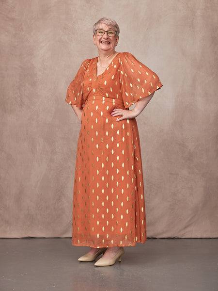 Helena Elbow Length Sleeve Lurex Dress - Cinnamon & Gold