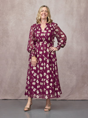 Libby Long Sleeve Floral Lurex Dress - Plum & Gold