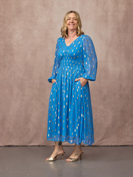 Maddie Long Sleeve Lurex Dress - Blue