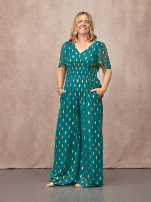 Shelly V-Neck Lurex Jumpsuit - Teal & Gold
