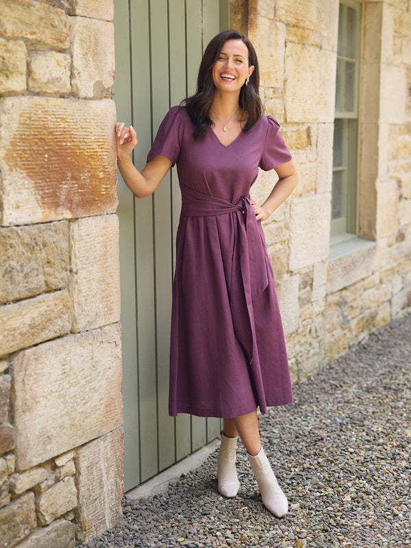 Ruth Angel Sleeve Tie Waist Dress - Plum