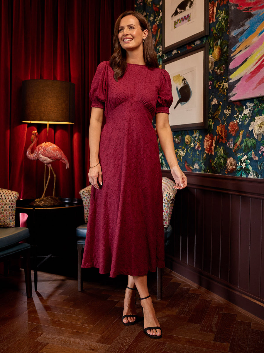 Rachel Puff Sleeve Jacquard Dress - Maroon Red