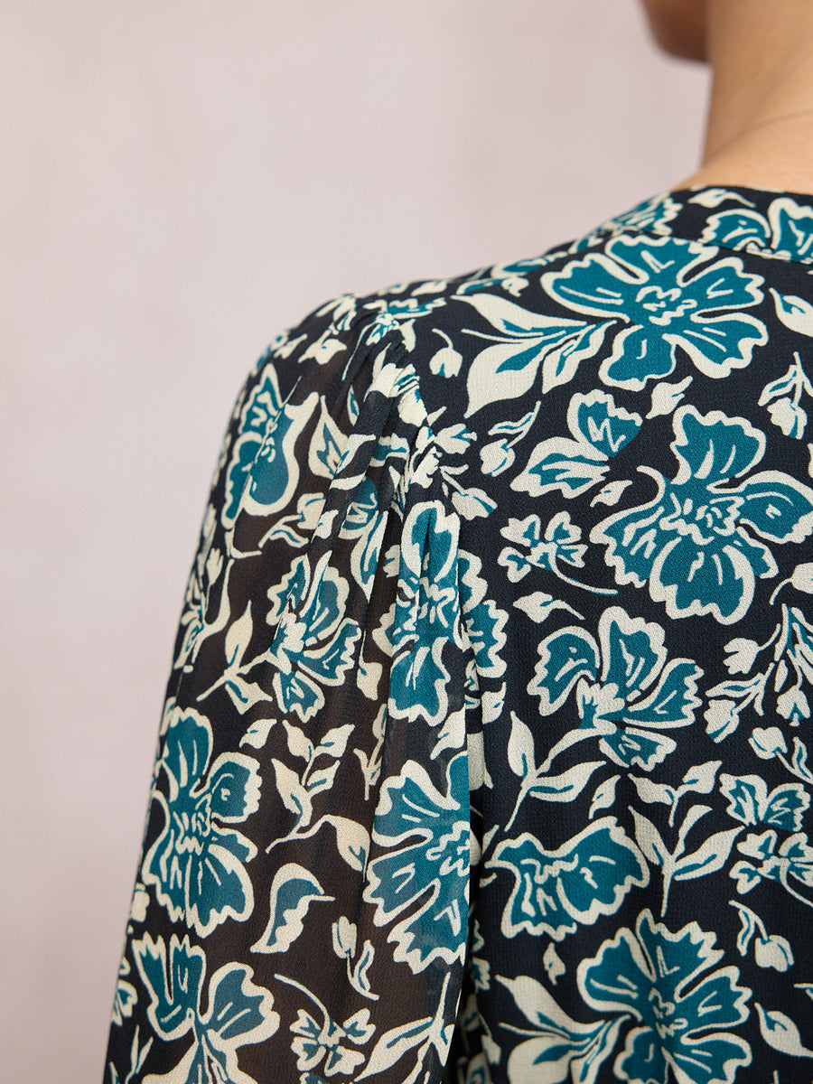 Eleanor Tiered Skirt Dress - Black & Teal Floral Print