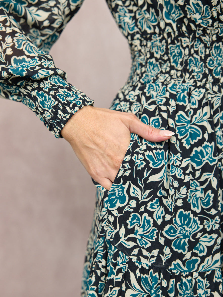 Eleanor Tiered Skirt Dress - Black & Teal Floral Print