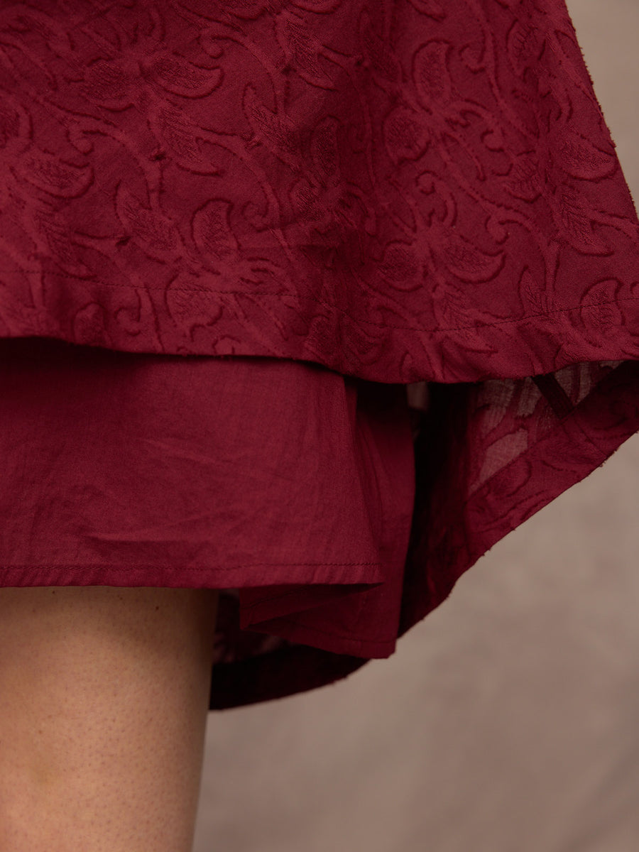Rachel Puff Sleeve Jacquard Dress - Maroon Red