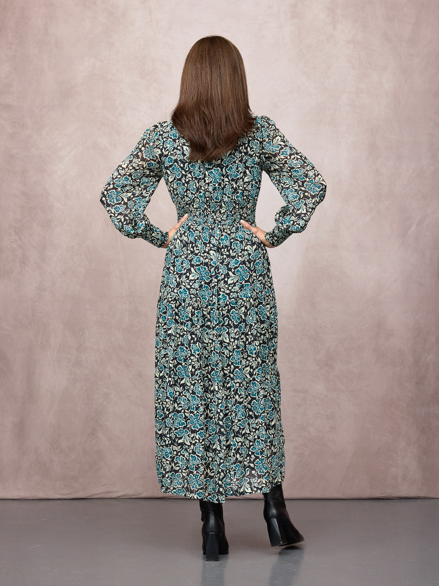 Eleanor Tiered Skirt Dress - Black & Teal Floral Print