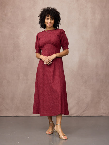 Rachel Puff Sleeve Jacquard Dress - Maroon Red