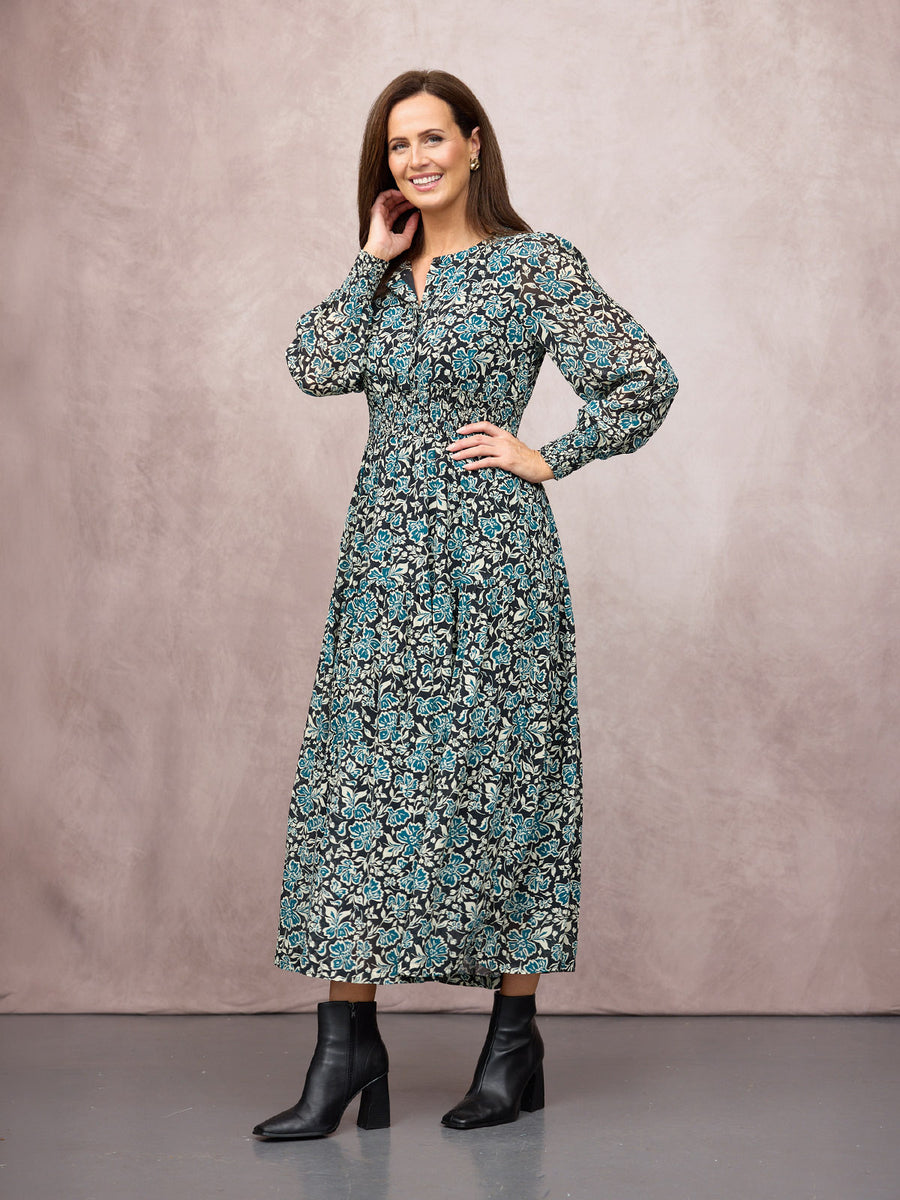 Eleanor Tiered Skirt Dress - Black & Teal Floral Print
