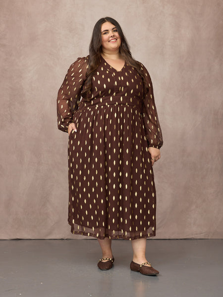 Minna Relaxed Lurex Dress - Chocolate & Gold