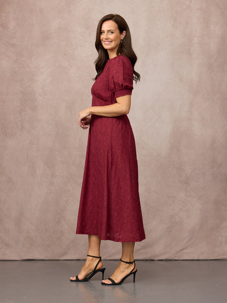 Rachel Puff Sleeve Jacquard Dress - Maroon Red
