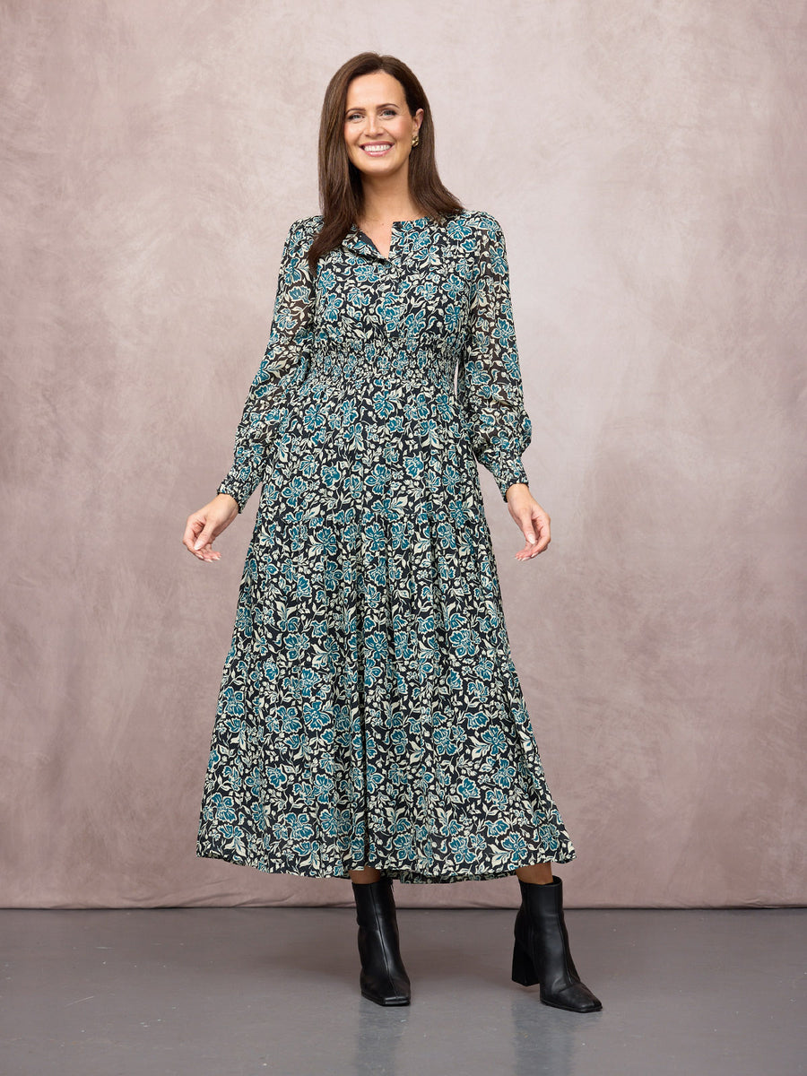 Eleanor Tiered Skirt Dress - Black & Teal Floral Print