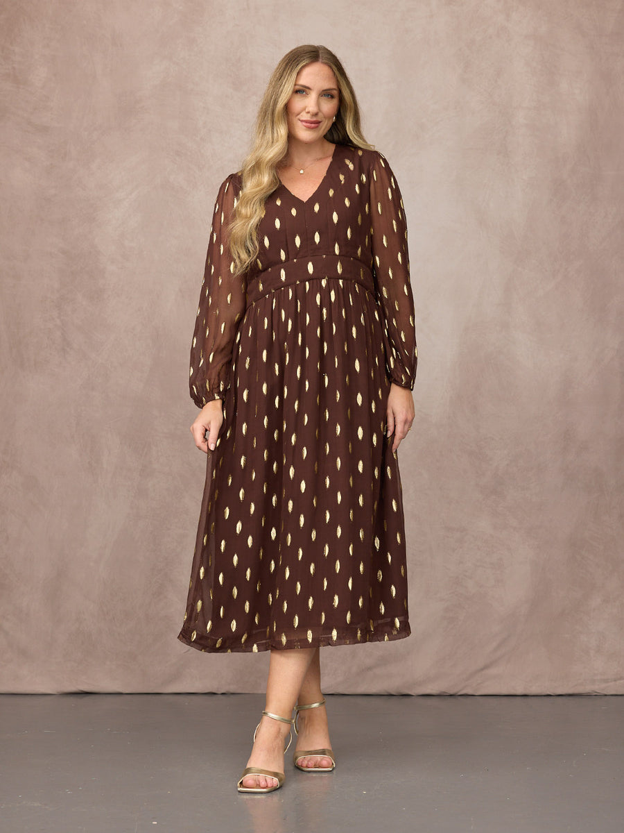 Minna Relaxed Lurex Dress - Chocolate & Gold