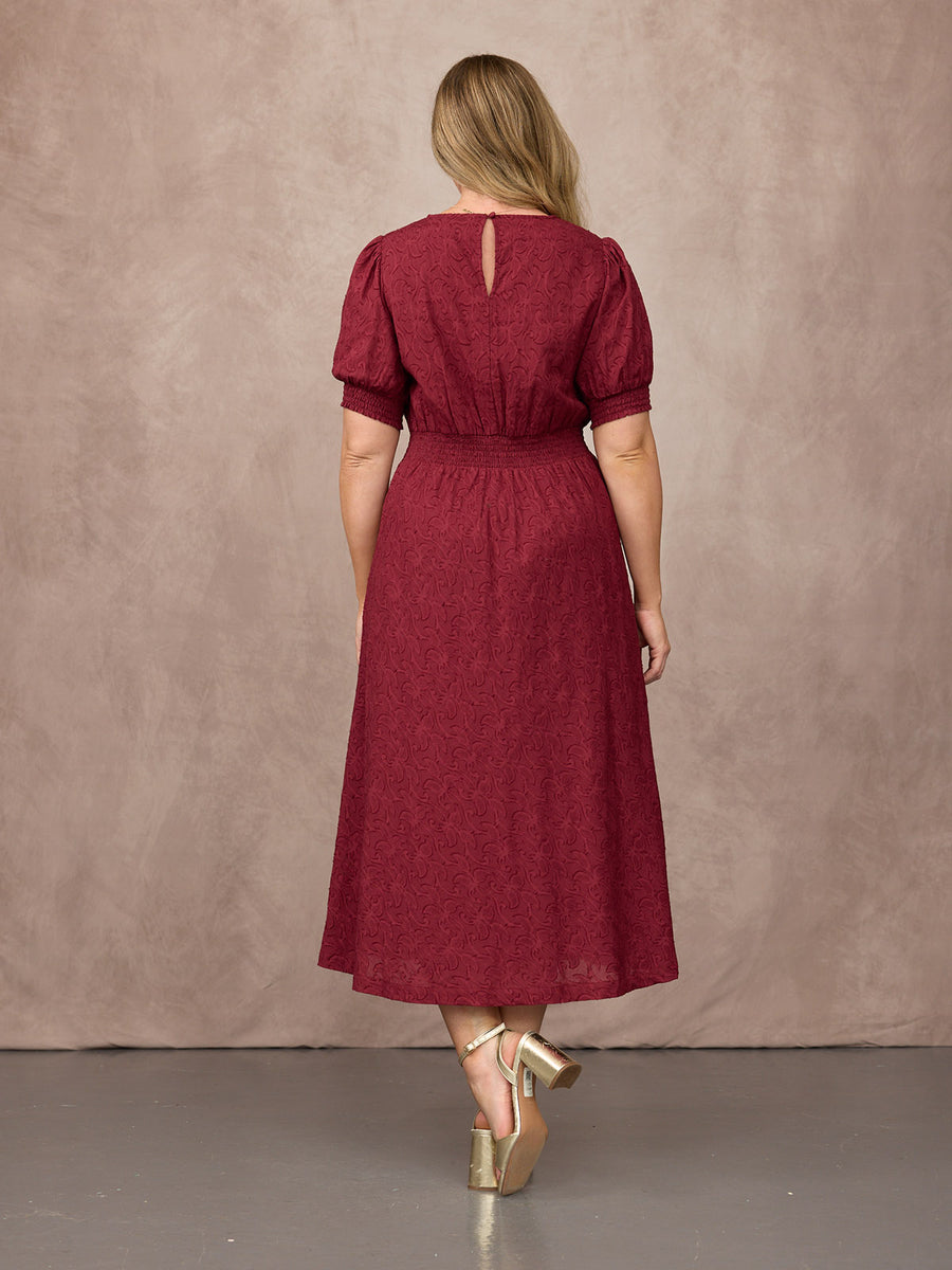 Rachel Puff Sleeve Jacquard Dress - Maroon Red