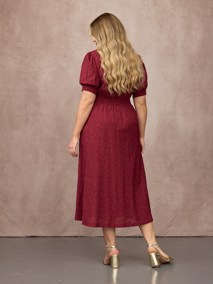 Rachel Puff Sleeve Jacquard Dress - Maroon Red