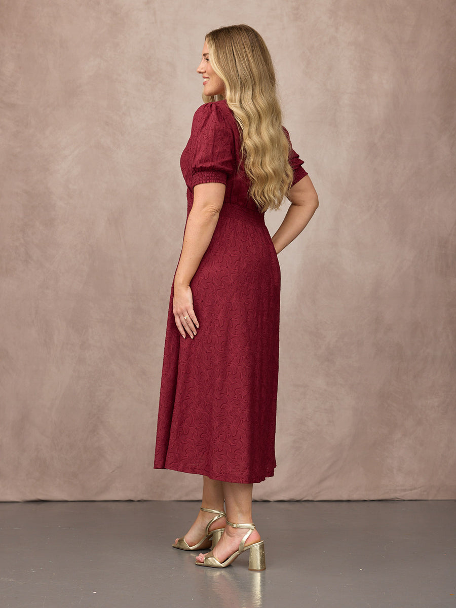 Rachel Puff Sleeve Jacquard Dress - Maroon Red