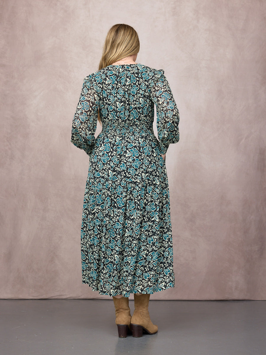 Eleanor Tiered Skirt Dress - Black & Teal Floral Print